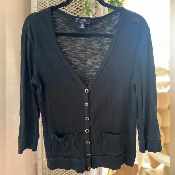 Chaps Size Medium 100% Cotton Button Up Black V Neck Long Sleeve Preppy Cardigan - Picture 4 of 10